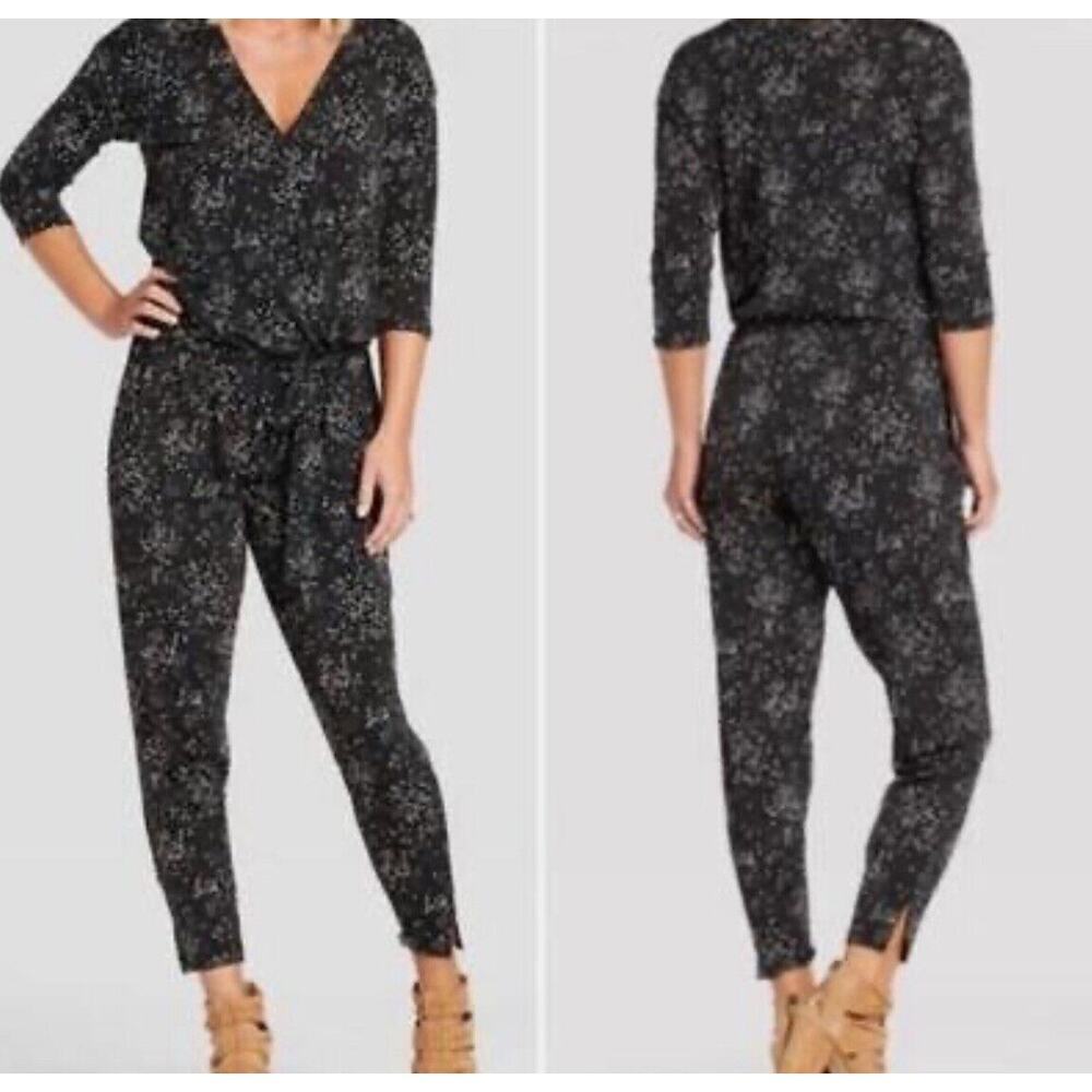 ALLISON JOY Black White Dizzy Diamond Pattern Tie Belt Jumpsuit Small Stretch